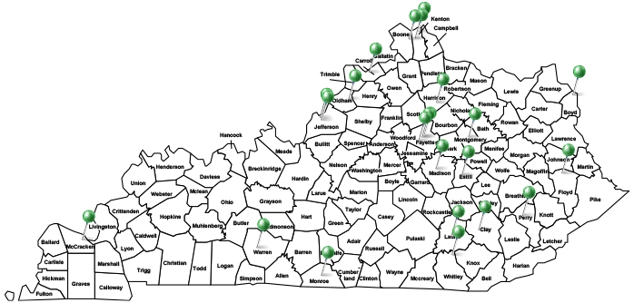 Kentucky map of ED Bridge program sites