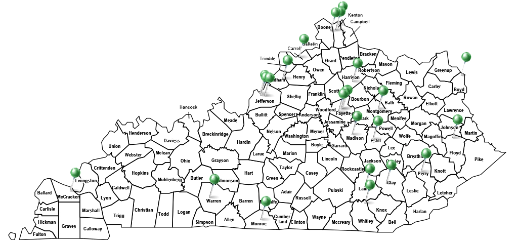 Kentucky map of ED Bridge program sites